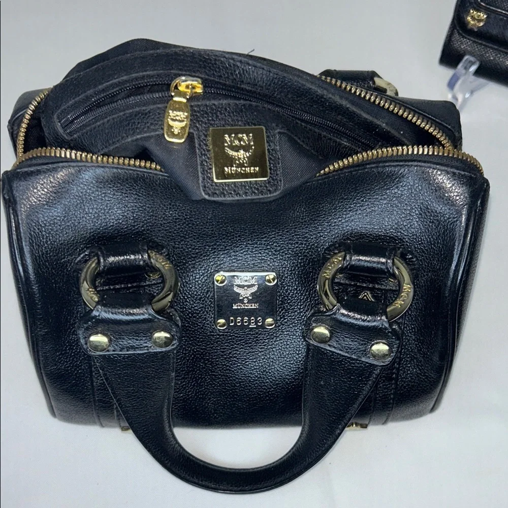 MCM Boston Mini Black Pebble Leather Bag, Matching Wallet Gold Hardware Vintage
